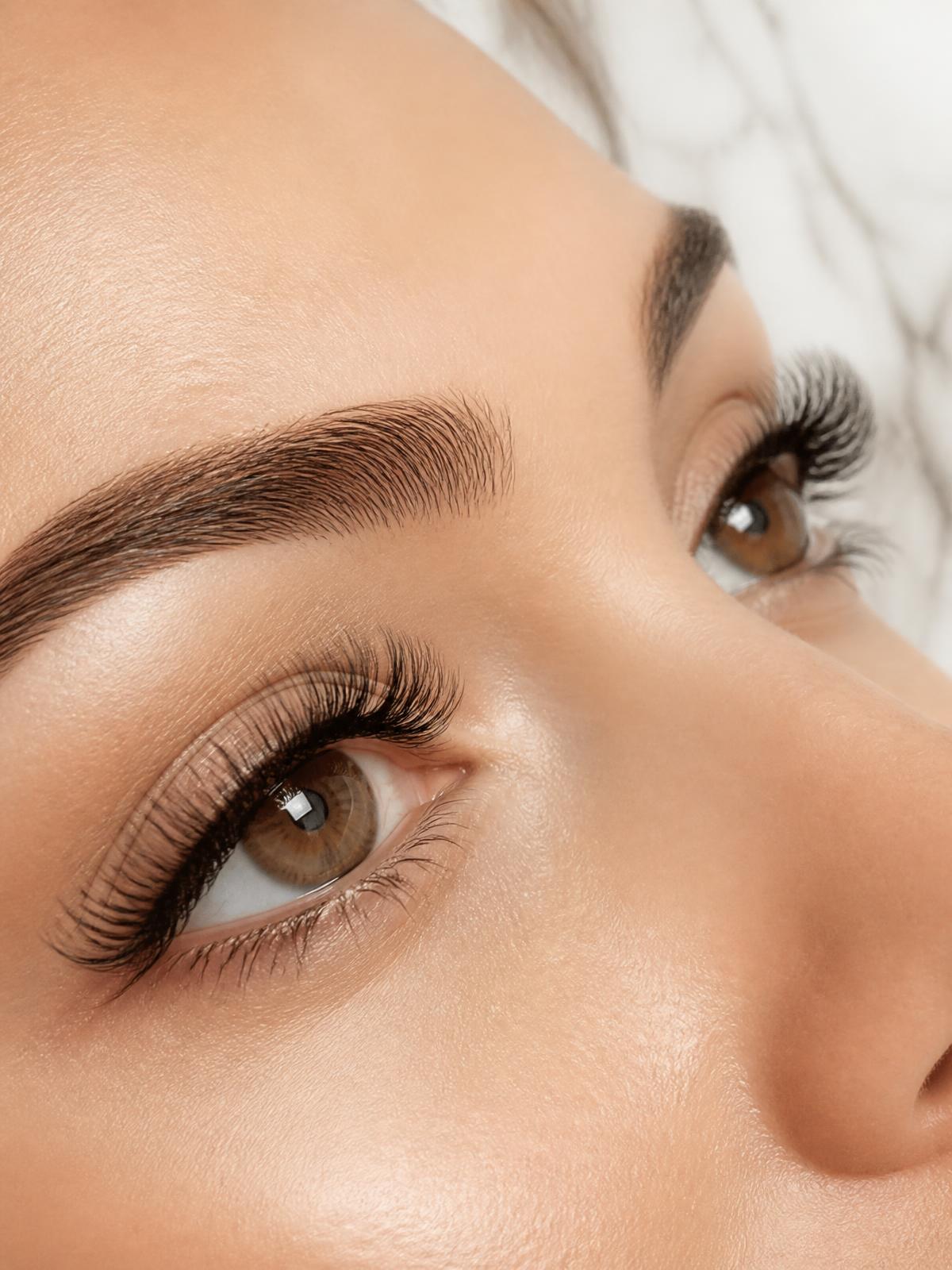 Close-up of elegant lashes and perfectly shaped brows